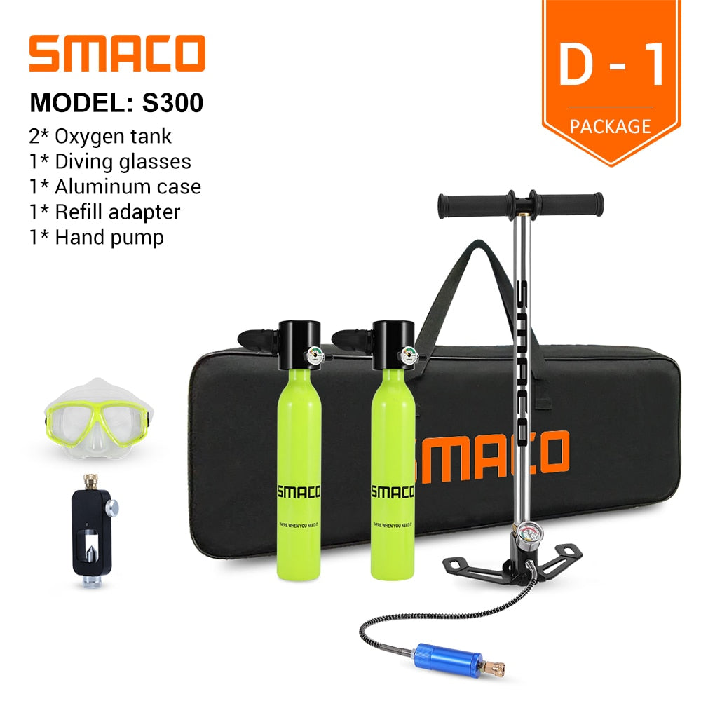 SMACO خزان للغوص صغير تحت الماء معدات سعة 0.5 لتر تصميم قابل لإعادة الملء مجموعة خزان الأوكسجين الصغير المحمول مضخة التنفس اليدوية