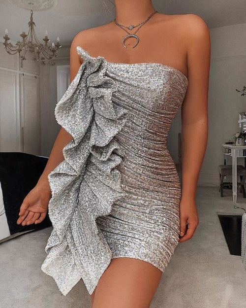 فستان قصير مكشكش مزين بالترتر الفضي للنساء مطوي