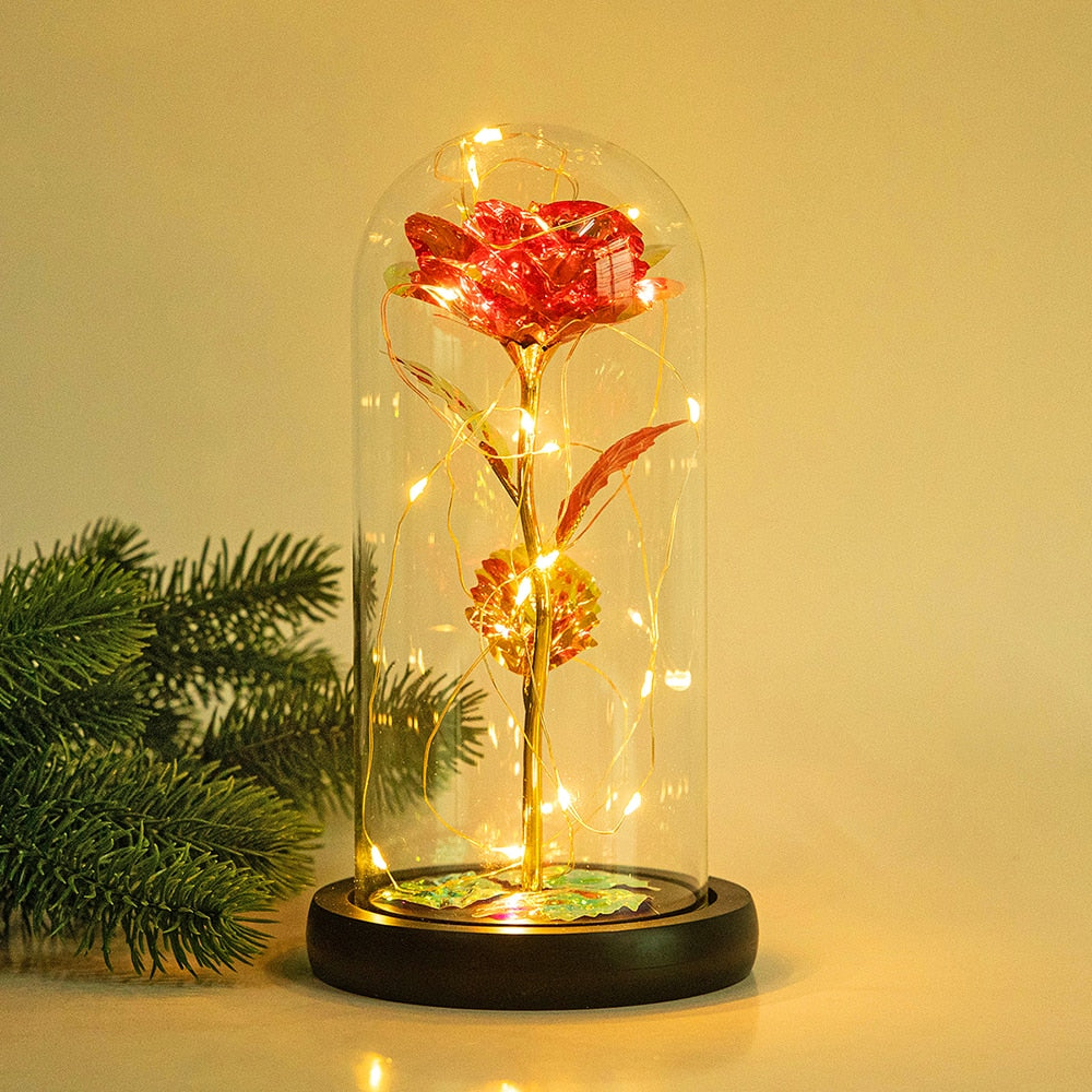 Artificial Eternal Rose LED Light Beauty The Beast In Glass Gold Foil Flower Valentine&#39;s Day Gift Enchanted Rose Fairy Lights