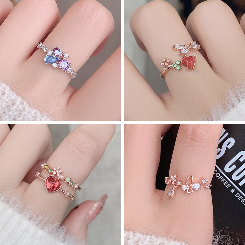 New Delicate Zircon Rings Micro-inlaid Crystal Elegant Flowers Heart Rings For Women Adjustable Opening Rings Party Jewelry