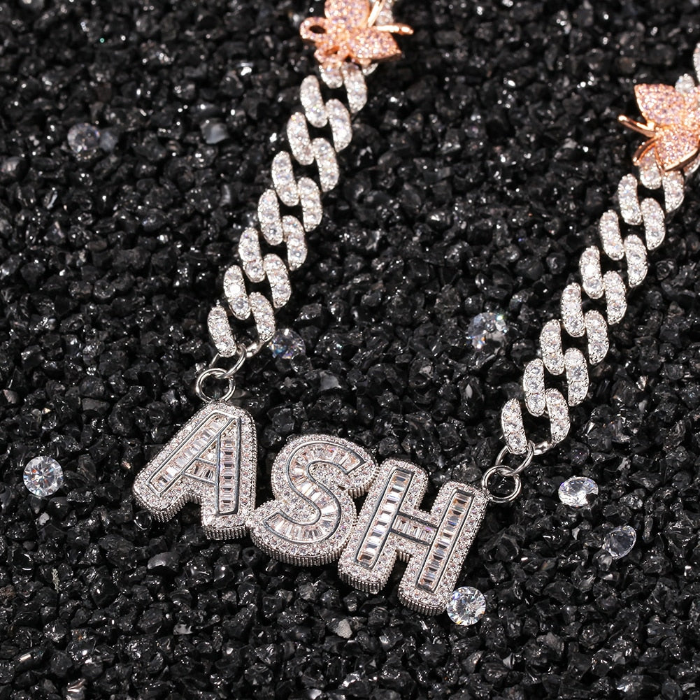 The Hiphop Name Necklace 9mm Cuban Chain With Pink Butterfly Baguettecz Letters Full Iced Out Zircon Pendant Gift HipHop Jewelry