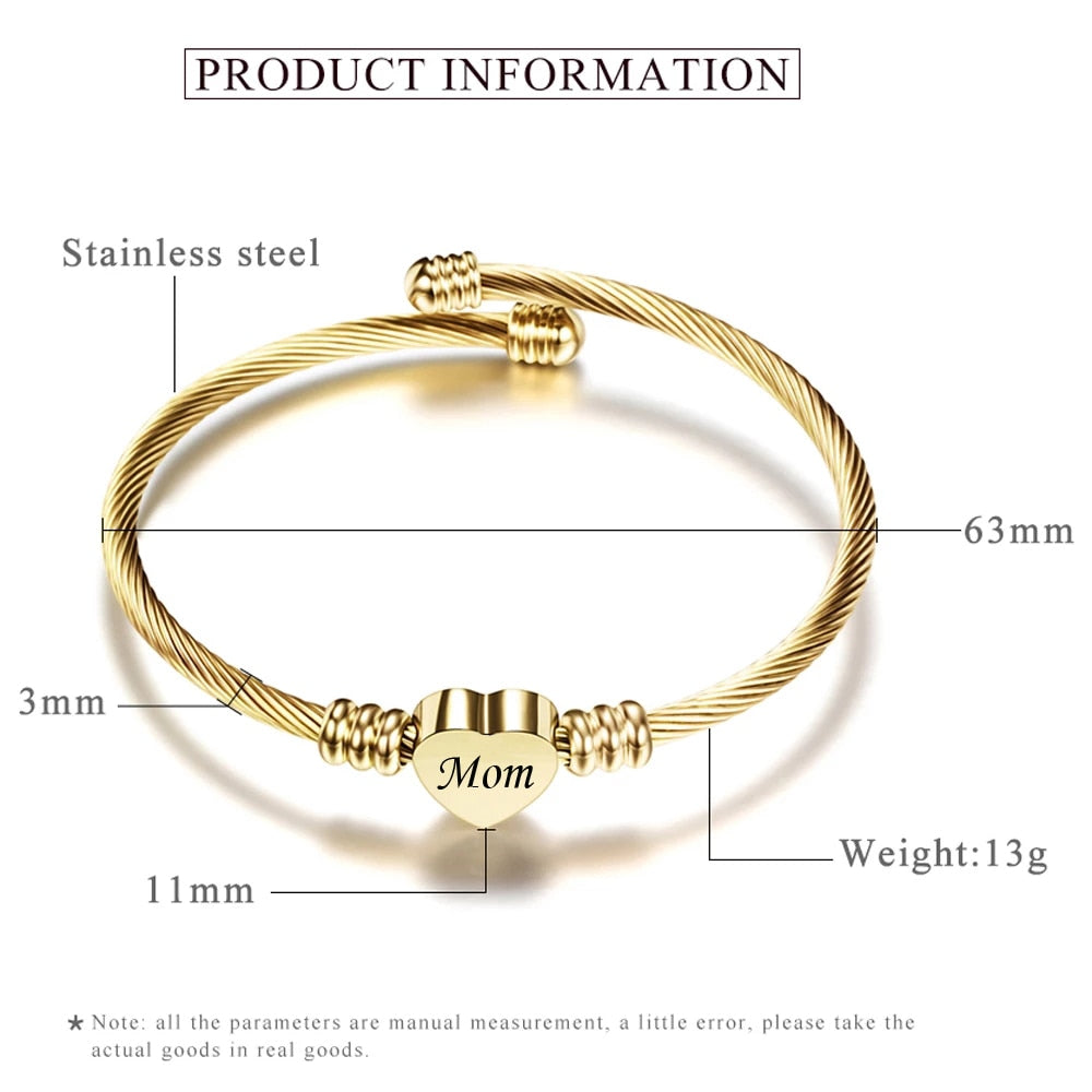 Customize Mom Gift Heart Charm Bracelets New Stainless Steel Cuff Jewelry Bracelet Bangle For Friends Family Drop Shipping