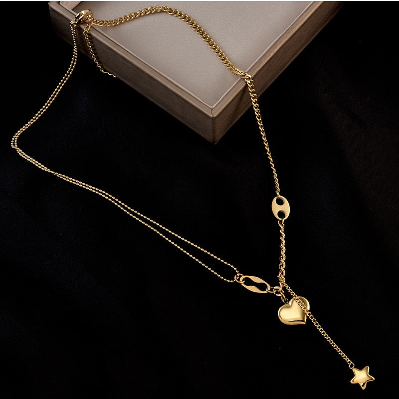 DIEYURO 316L Stainless Steel Long Love Heart  Women Girls Necklaces&amp;Pendant Star Hanging Chain Choker Sweet Valentine&#39;s Day Gift