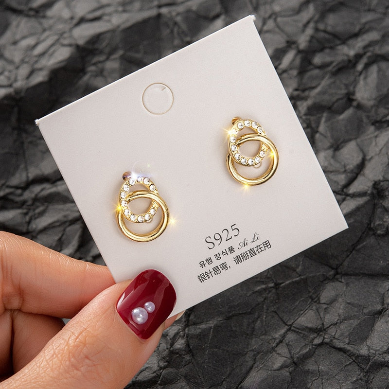 2021 Korean Simple Double Circle Gold Color Metal Rhinestone Drop Earrings For Women Fashion Small Pendientes Jewelry Gifts