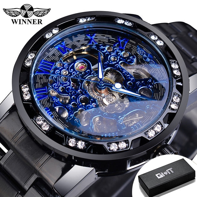 Winner Transparent Fashion Diamond Luminous Gear Movement Royal Design Men Top Brand Luxury Male Mechanical Skeleton Wrist Watch