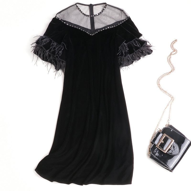 Autumn new women beaded mesh round neck velvet dress ostrich feather lotus leaf sleeve dresses