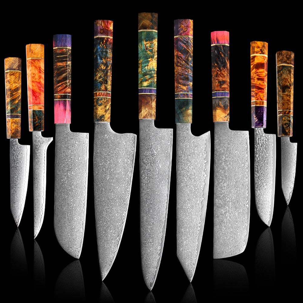 XITUO Damascus Kitchen Knife Set Chef Nakiri Knife 67 Layers Japanese Damascus Steel Chef Knife Razor Sharp Blade Colorful Wood