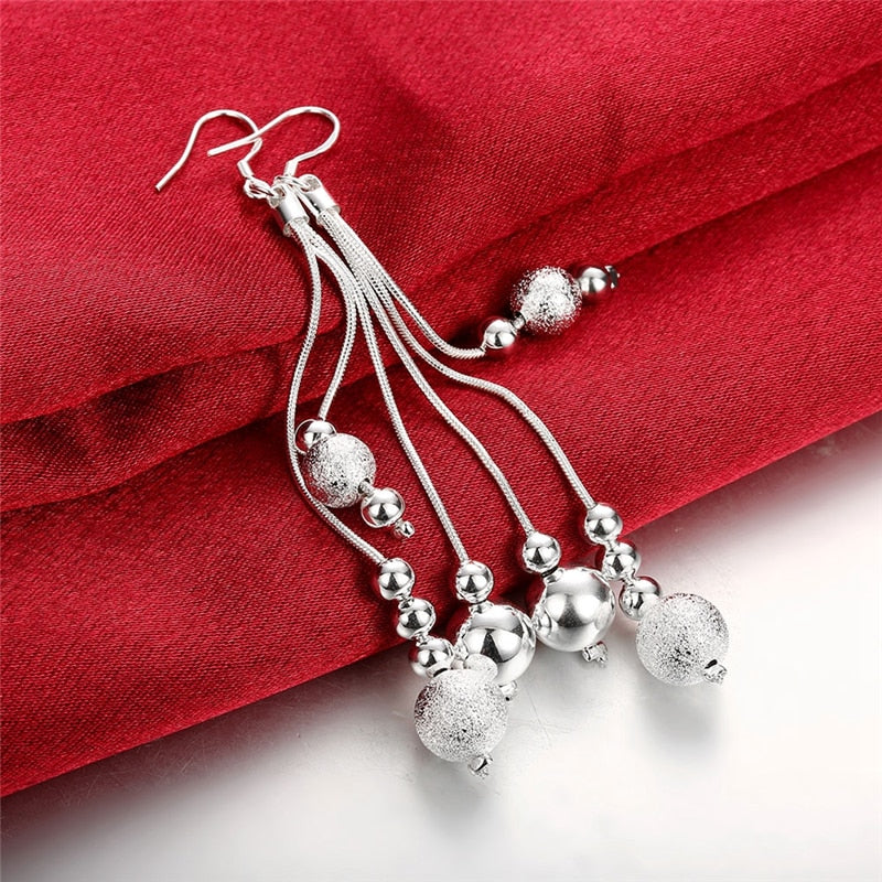 DOTEFFIL 925 Sterling Silver Smooth Matte Beads Drop Earrings For Woman Wedding Engagement Fashion Party Charm Jewelry