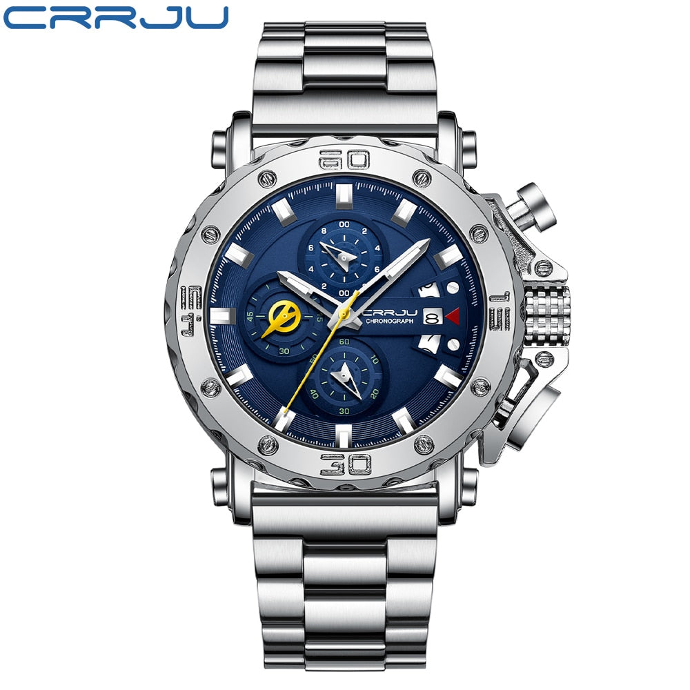 CRRJU Watch for Men Top Brand Luxury Big Dial Stainless Steel Waterproof Chronograph Wristwatches with Date Relogio Masculino