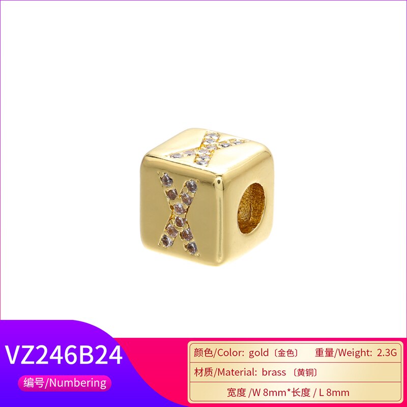 ZHUKOU 2020 gold color 8x8mm square A-Z letter beads for DIY handmade bracelet earring jewelry accessories making model:VZ246B