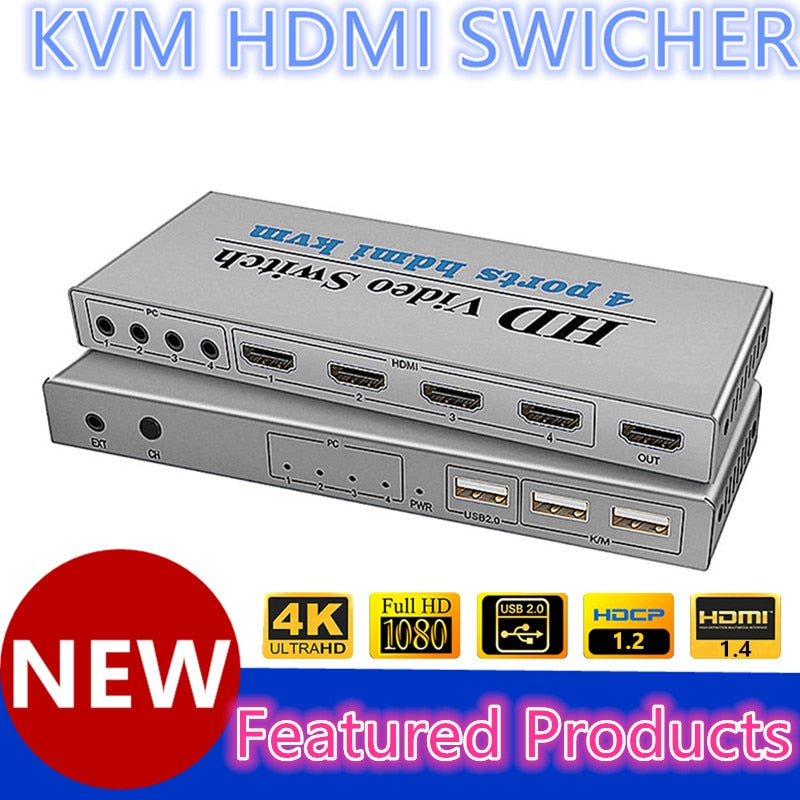 KVM HDMI Switch 4K USB HDMI KVM Switcher 4 في 1 خارج مع 3 منافذ USB خارج للوحة مفاتيح الماوس U-disk Printer لـ Win7/8/10 MAC