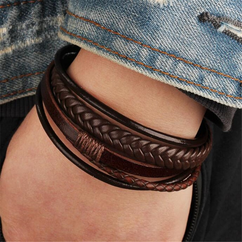 ZOSHI Trendy Genuine Leather Bracelets Mens Multilayer Braided Rope Bracelets Male Female Bracelets Retro Jewelry