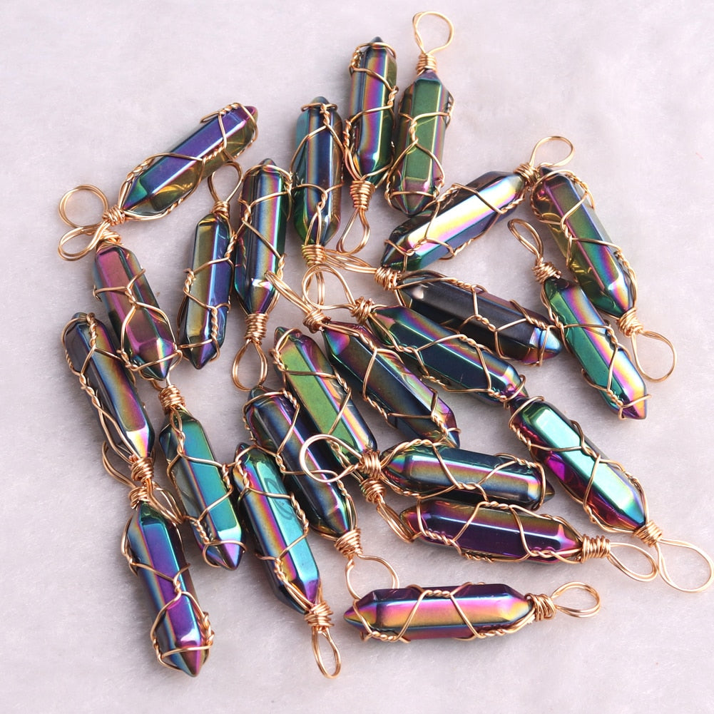 50PCS High Quality Crystal Hexagonal Pendants Fashion Jewelry Pendants Natural Amethysts Wire Winding Beads Healing Pendulum
