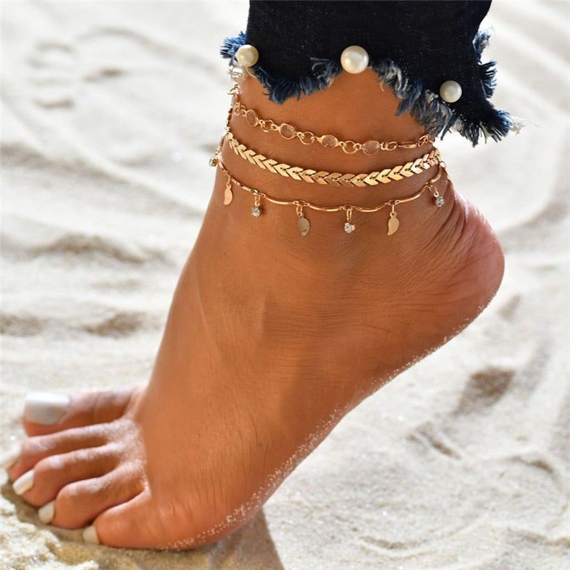 LETAPI 3pcs/set Gold Color Simple Chain Anklets For Women Beach Foot Jewelry Leg Chain Ankle Bracelets Women Accessories