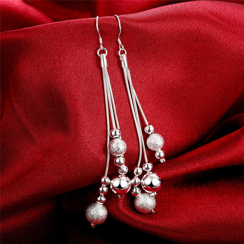 DOTEFFIL 925 Sterling Silver Smooth Matte Beads Drop Earrings For Woman Wedding Engagement Fashion Party Charm Jewelry