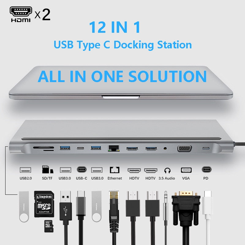 محطة إرساء الكمبيوتر المحمول بمحول USB من النوع C، شاشة MST مزدوجة HDMI VGA RJ45 SD TF لأجهزة MacBook Dell XPS Hp Lenovo ThinkPad