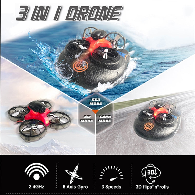 2.4G 4 Channel Sea/Land 3-in-1 Flying Racing Boat Land Driving Mode Detachable One Key Return RC Drone Quadcopter Kid Toy Gift