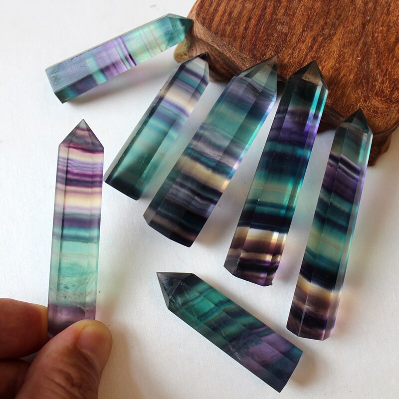 Natural Fluorite Crystal Colorful Striped Fluorite 4-7CM Quartz Crystal Stone Point Healing Hexagonal Wand Treatment Stone