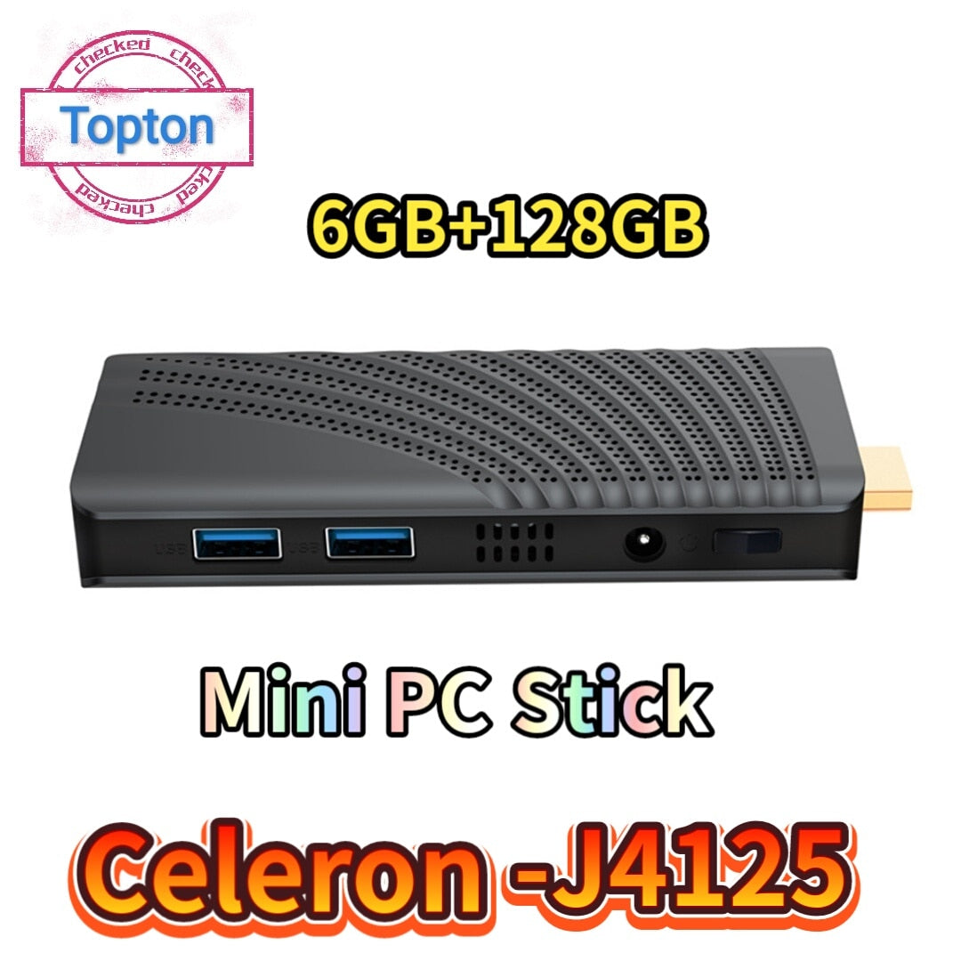 TOPTON Mini PC Stick Intel Celeron J4125 6GB LPDDR4 128GB eMMC 1000M LAN AC WiFi BT4.2 HDMI2.0 Win10 Linux Pocket PC Stick