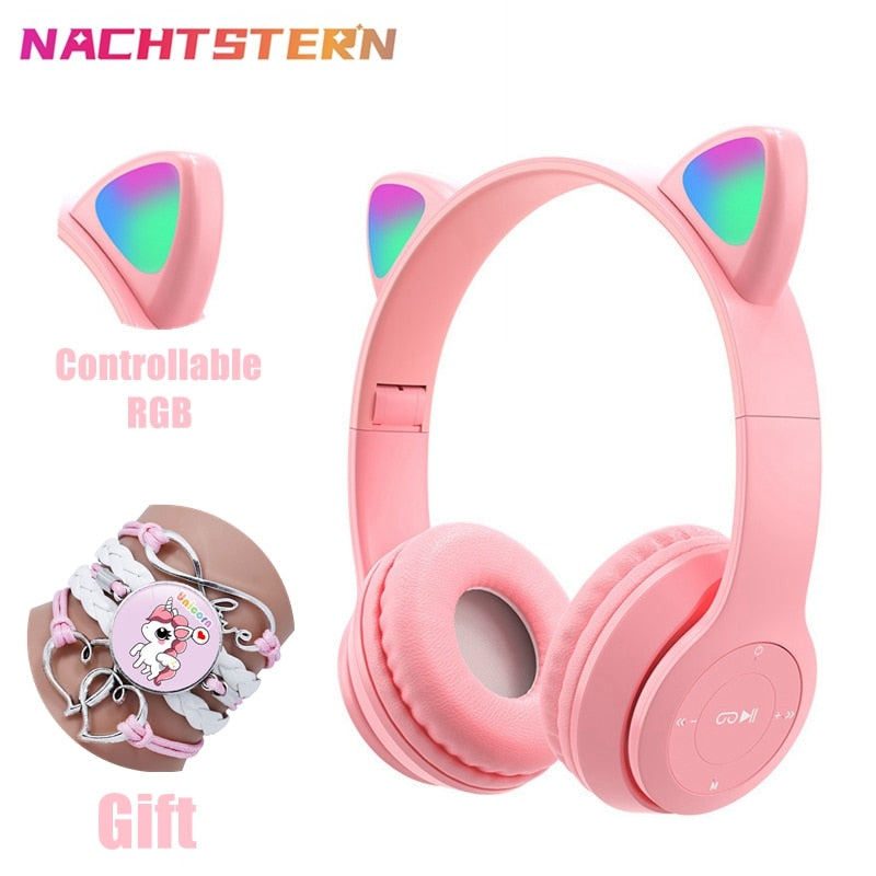 سماعات رأس لاسلكية من Pink Girl RGB لطيف على شكل آذان القط مع ميكروفون وخاصية إلغاء الضوضاء وموسيقى ستيريو للأطفال كاسكو هدايا للأطفال