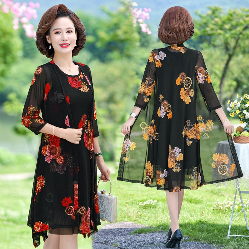 2022 new Summer Floral Print 2 piece set dress cardigan women party midi dresses elegant vintage robe femme 5xL