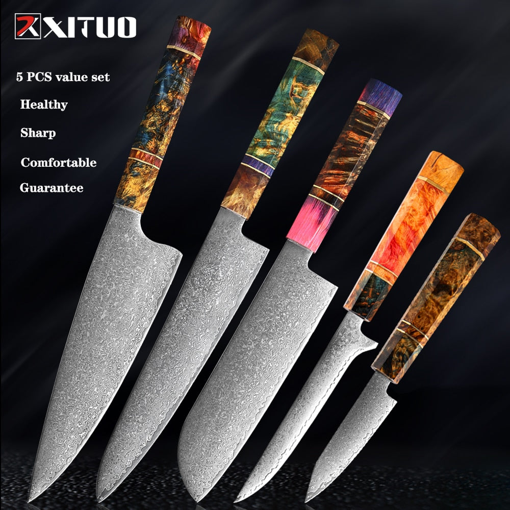 XITUO Damascus Kitchen Knife Set Chef Nakiri Knife 67 Layers Japanese Damascus Steel Chef Knife Razor Sharp Blade Colorful Wood