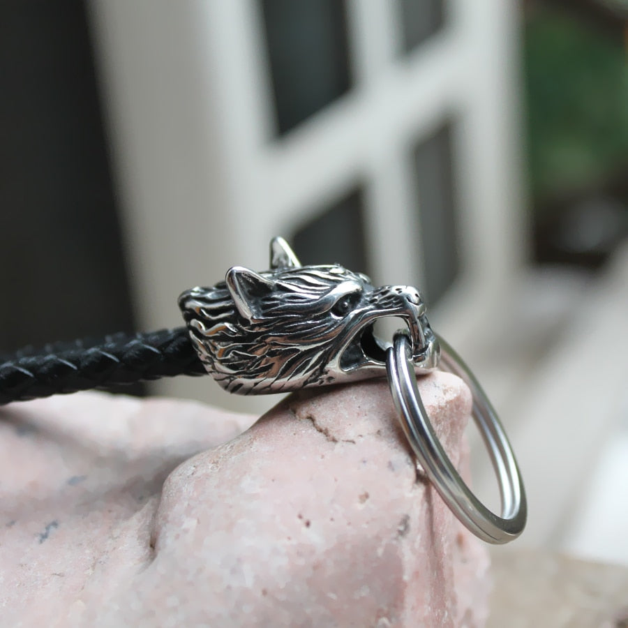 316L stainless steel Viking wolf keychain leather car Automobile Men's waist buckle key chain Werewolf Keychain Ring Keybob