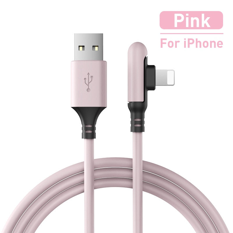 90 Degree USB Cable For iPhone 14 13 12 11 Pro Max XR XS 8 7 6s 5s Fast Charging Charger Liquid Silicone Data Cable 0.3/1.2/1.8M