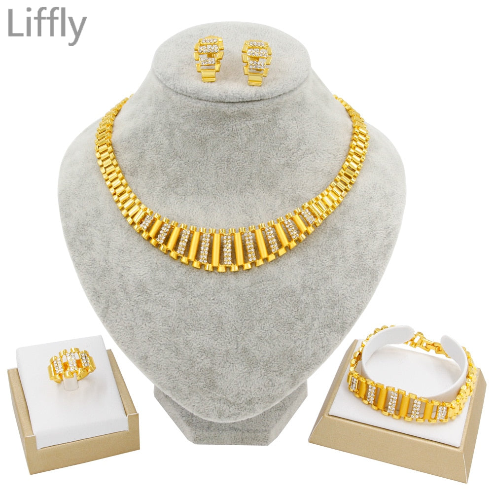 New Indian Dubai Gold Jewelry Sets Elegant Women Bracelet Earrings African Wedding Jewelry Set Party Crystal Necklace Ring