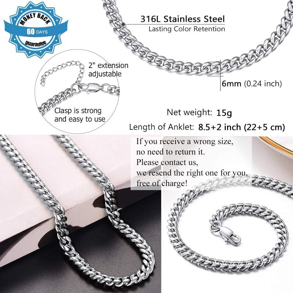 U7 Cuban Link Anklets for Women Ankle Bracelets Mens Stainless Steel Anklet Jewelry 8-10.5 Inch Adjustable A341