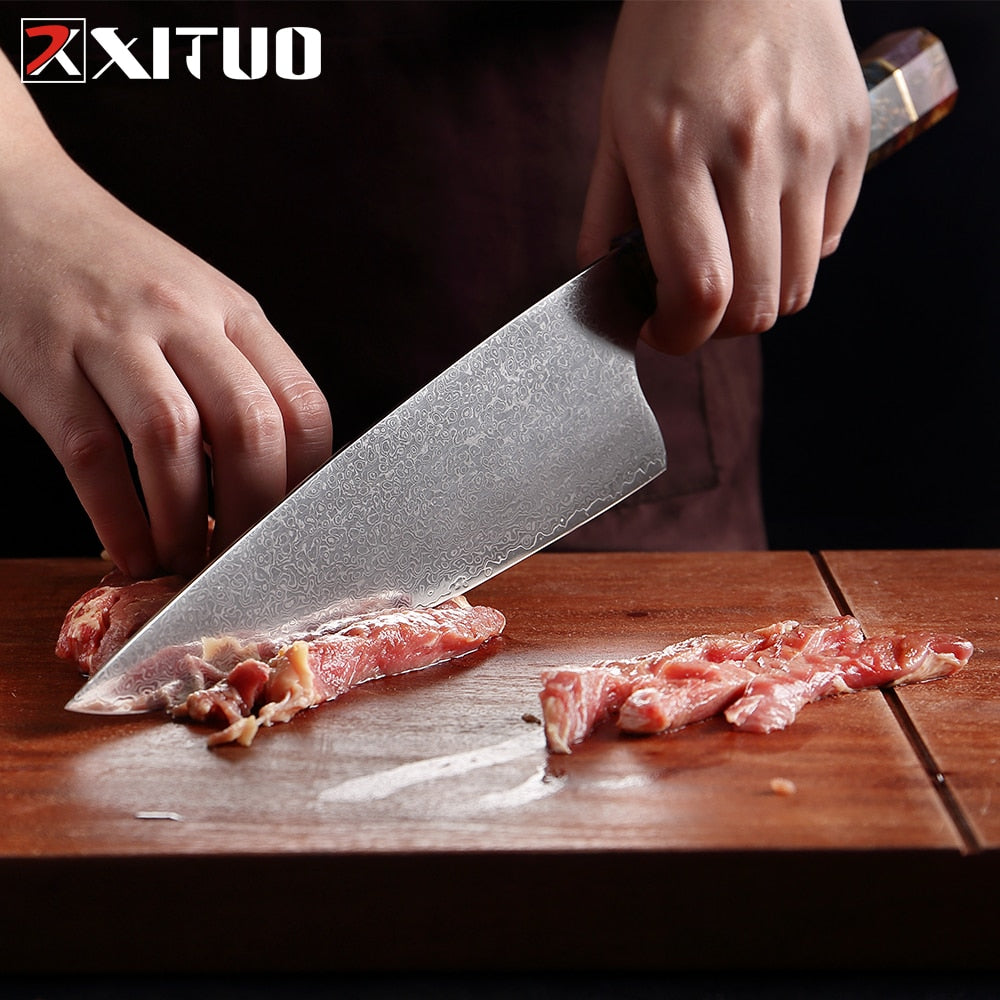 XITUO Damascus Kitchen Knife Set Chef Nakiri Knife 67 Layers Japanese Damascus Steel Chef Knife Razor Sharp Blade Colorful Wood