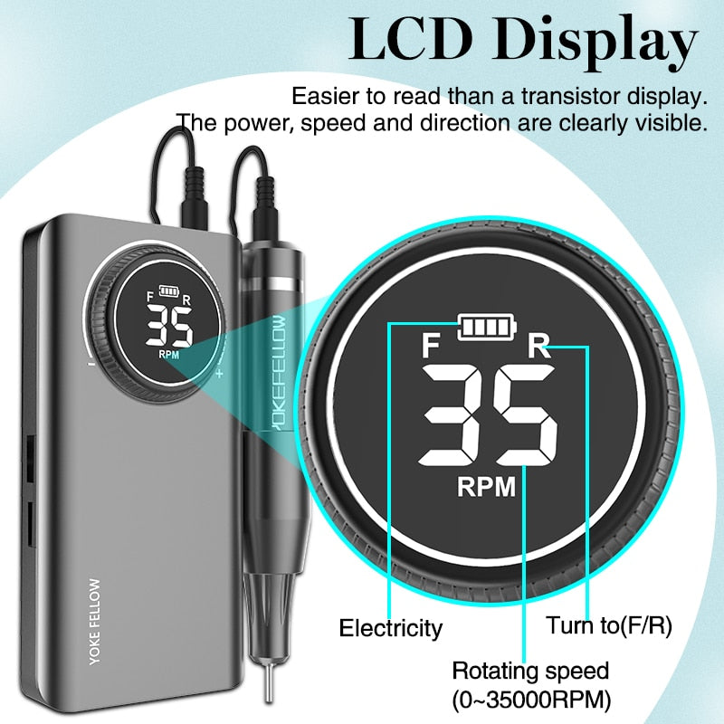 آلة حفر الأظافر 35000 دورة في الدقيقة قابلة للشحن جيل للأظافر الملمع لآلة أظافر مثقاب أظافر كهربائي مع شاشة LCD كاملة