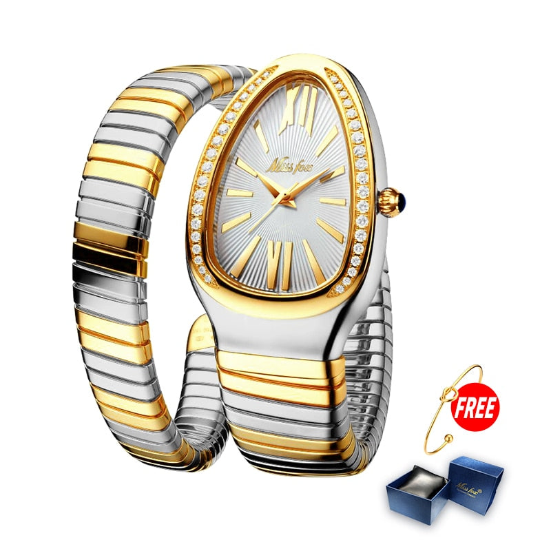 MISSFOX ساعات نسائية على شكل ثعبان ساعة معصم فاخرة للنساء فولاذ فريد من نوعه ساعة كوارتز ذهبية للسيدات ساعة Relogio Feminino