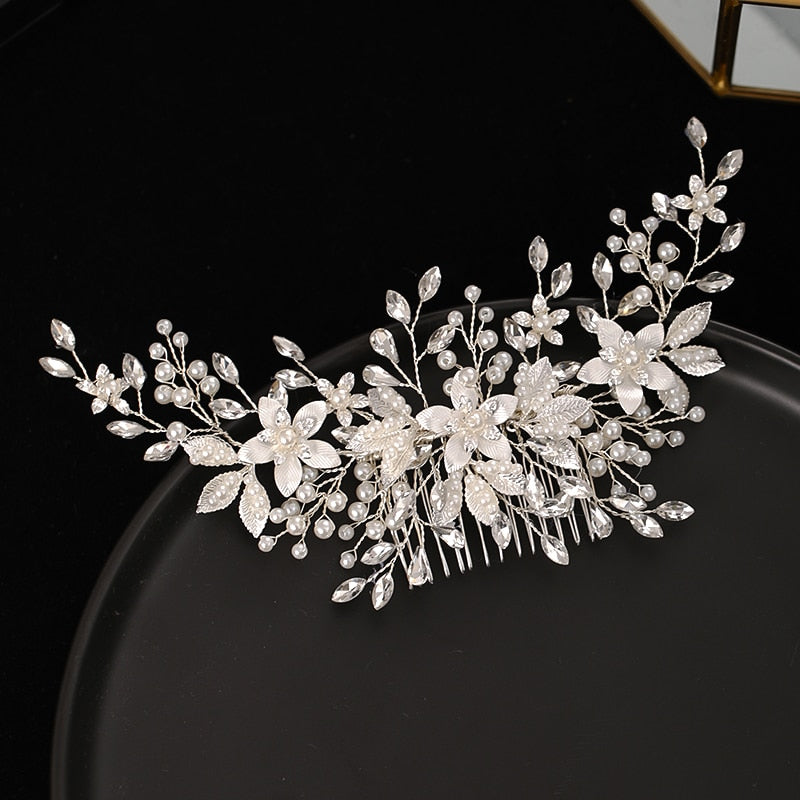 Handmade Silver Color Flower Hair Comb Pearl Rhinestone Flower Hair Accessories For Women Bride Wedding Accessories Tiara