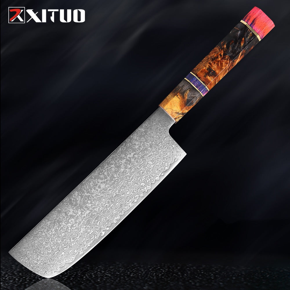 XITUO Damascus Kitchen Knife Set Chef Nakiri Knife 67 Layers Japanese Damascus Steel Chef Knife Razor Sharp Blade Colorful Wood