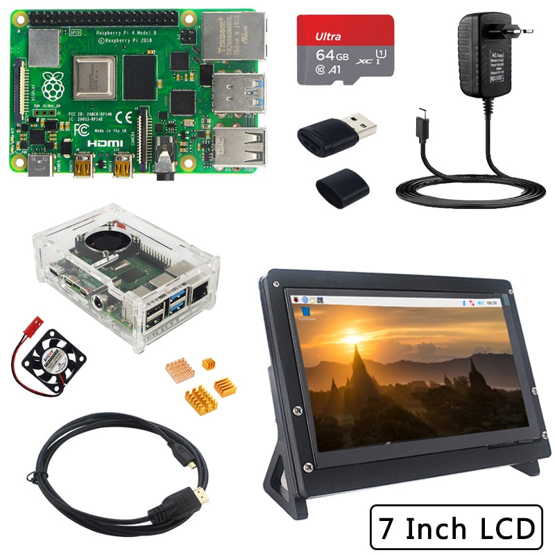 Raspberry Pi 4 Model B 2 4 8 GB RAM + 7 inch IPS Touch Screen + Holder + 64 32 GB TF Card + Fan + Power  Adapter  for RPi 4 B