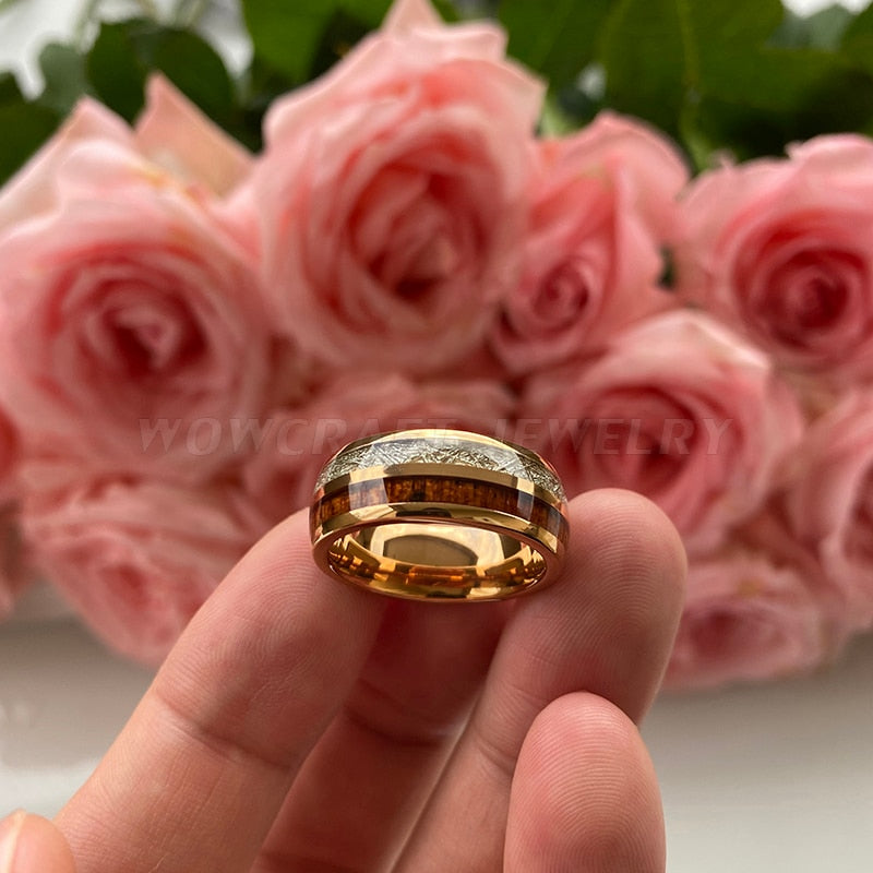 Rose Gold/Black 8mm Wedding Bands Tungsten Carbide Rings for Men Women Domed Koa Wood Meteorite Inlay Polished Shiny Comfort Fit