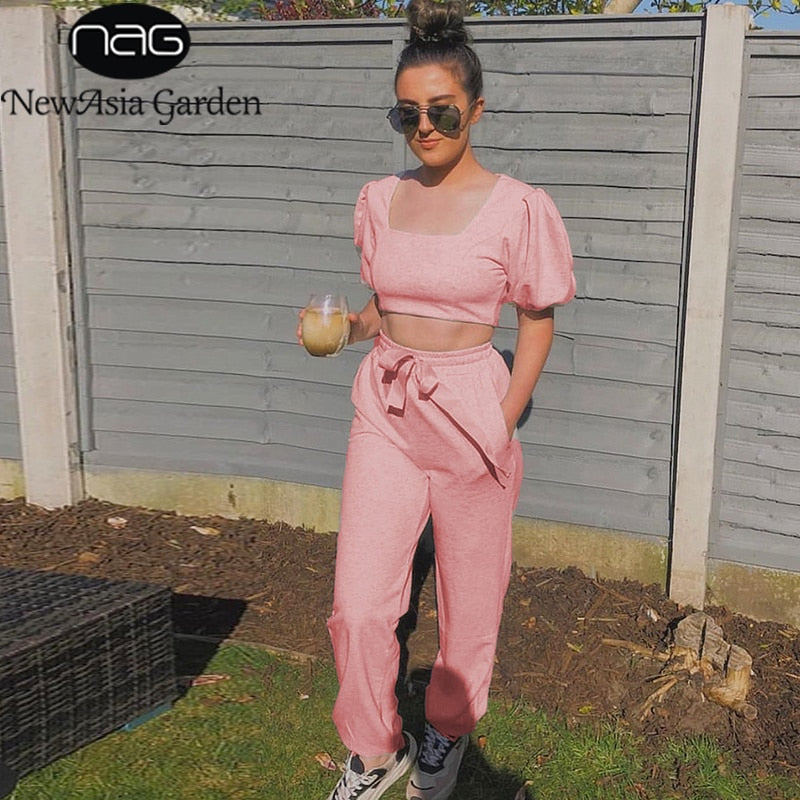 NewAsia Summer Womens Loungewear Set Vintage Square Collar Short Puff Sleeve Crop Top Long Pant Two Piece Set Pink Jogging Suit