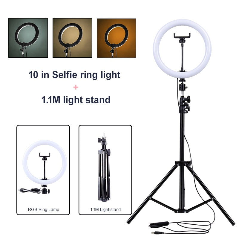 PYNSSEU 26cm LED Ring Light with 1.1/1.6/2.0M RGB lamp Stand Dimmable 10&quot; Selfie Ring Lamp with Phone Clip for Youtube Makeup