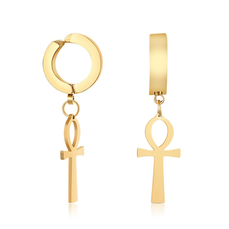 Vnox Unisex Ankh Cross Dangle Earrings for Women Men Glossy Stainless Steel Hoop Circle Clip Egypthian Ethic Jewelry