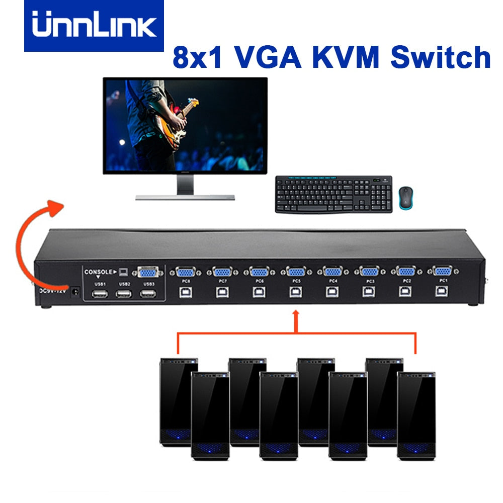 Unnlink 8X1 VGA KVM Switch 1080P محول الجلاد 8 كمبيوتر محمول حصة 1 شاشة 3 USB 2.0 للطابعة لوحة مفاتيح وماوس