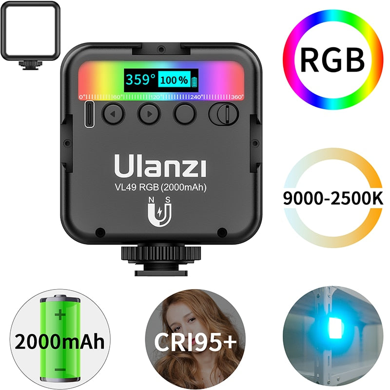 Ulanzi VL49 RGB كامل اللون LED الفيديو الضوئي 2500K-9000K 800LUX مغناطيسي صغير ملء ضوء تمديد 3 حذاء بارد 2000mAh Type-c Port