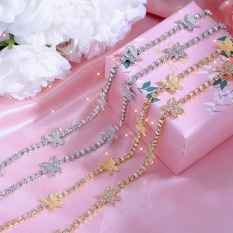 Trendy Cute Iced Out Butterfly Choker Necklaces For Women Men Gold Silver Color Tennis Chain Animals Pendant Rhinestone Jewelry