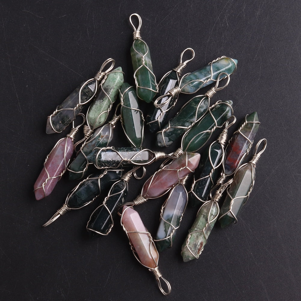 50PCS Factory Outlet Jewelry Wrapped Pendants Natural Gem Stone Wire Winding Bead For Making Necklace Crystal Hexagonal Pendulum