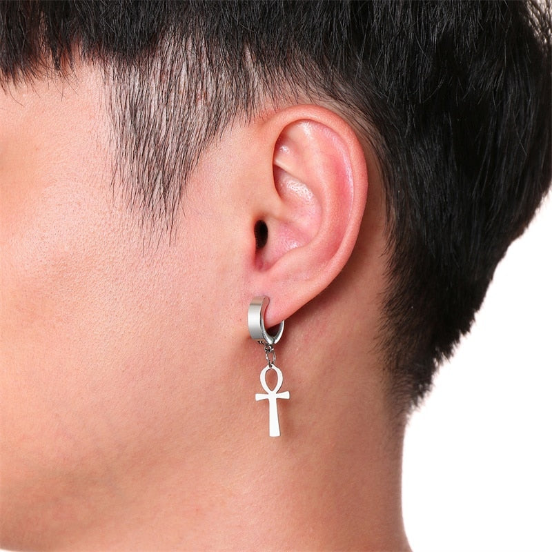 Vnox Unisex Ankh Cross Dangle Earrings for Women Men Glossy Stainless Steel Hoop Circle Clip Egypthian Ethic Jewelry