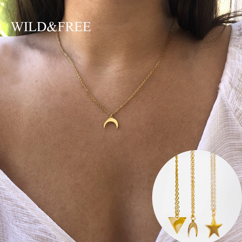 Wild&amp;Free Gold Plated Triangle Moon Star Pendant Necklace For Women Girls Short Geometric Charm Necklace ladies gift