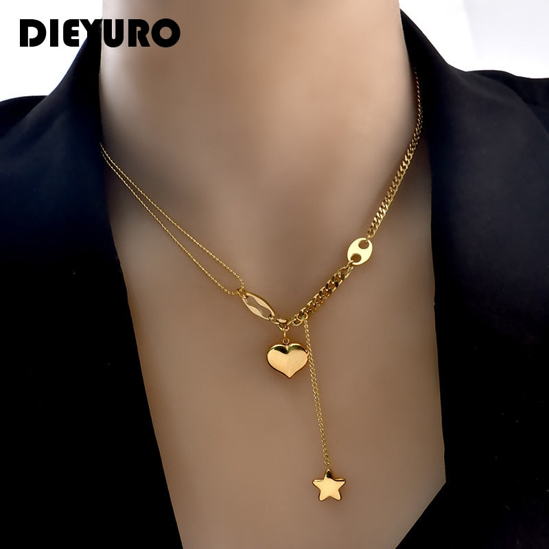 DIEYURO 316L Stainless Steel Long Love Heart  Women Girls Necklaces&amp;Pendant Star Hanging Chain Choker Sweet Valentine&#39;s Day Gift