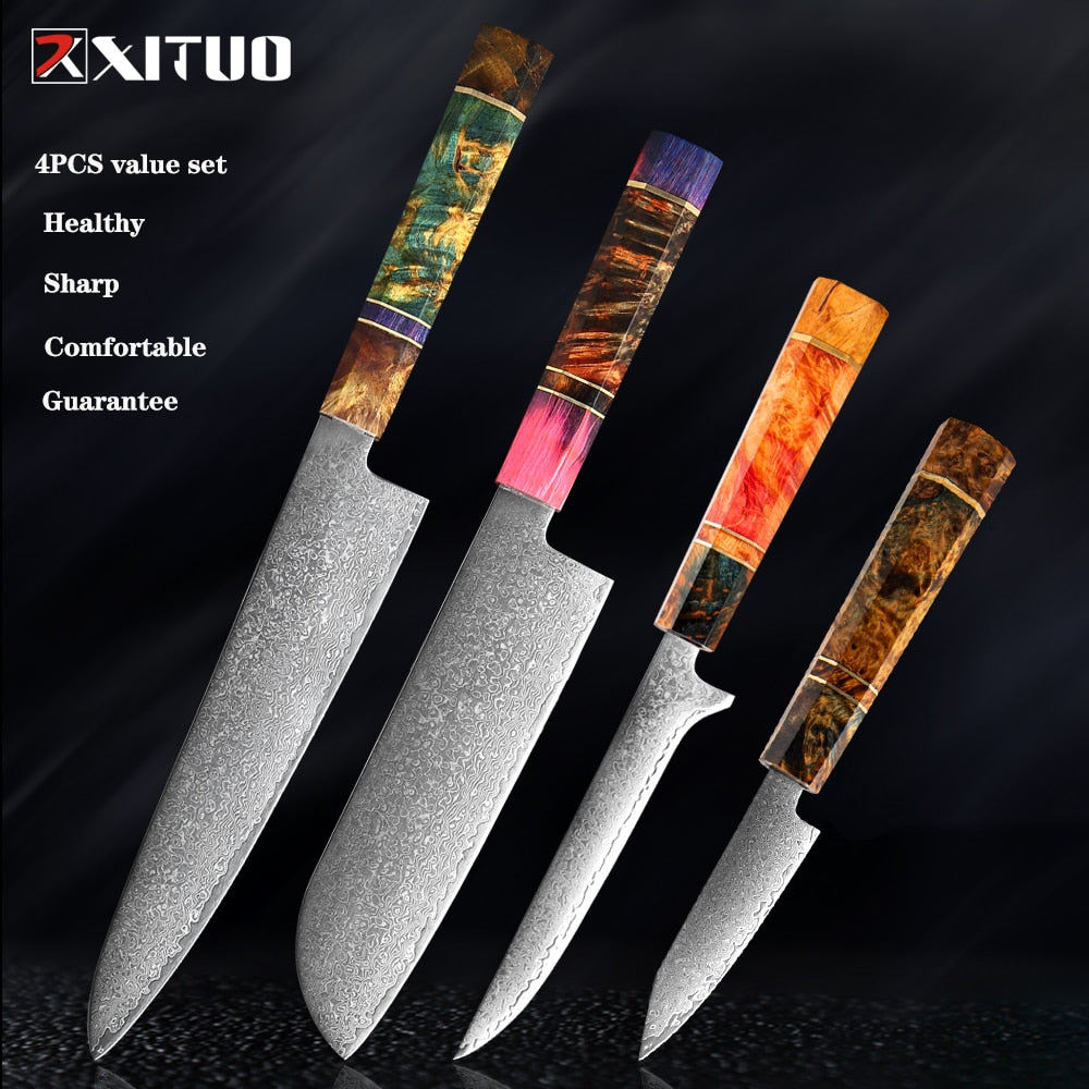 XITUO Damascus Kitchen Knife Set Chef Nakiri Knife 67 Layers Japanese Damascus Steel Chef Knife Razor Sharp Blade Colorful Wood