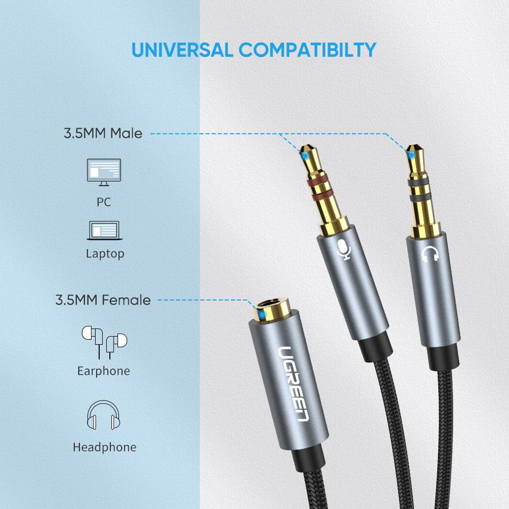 Ugreen Splitter Headphone for Computer 3.5mm Female to 2 Male 3.5mm Mic Audio Y Splitter Cable Headset to PC Adapter