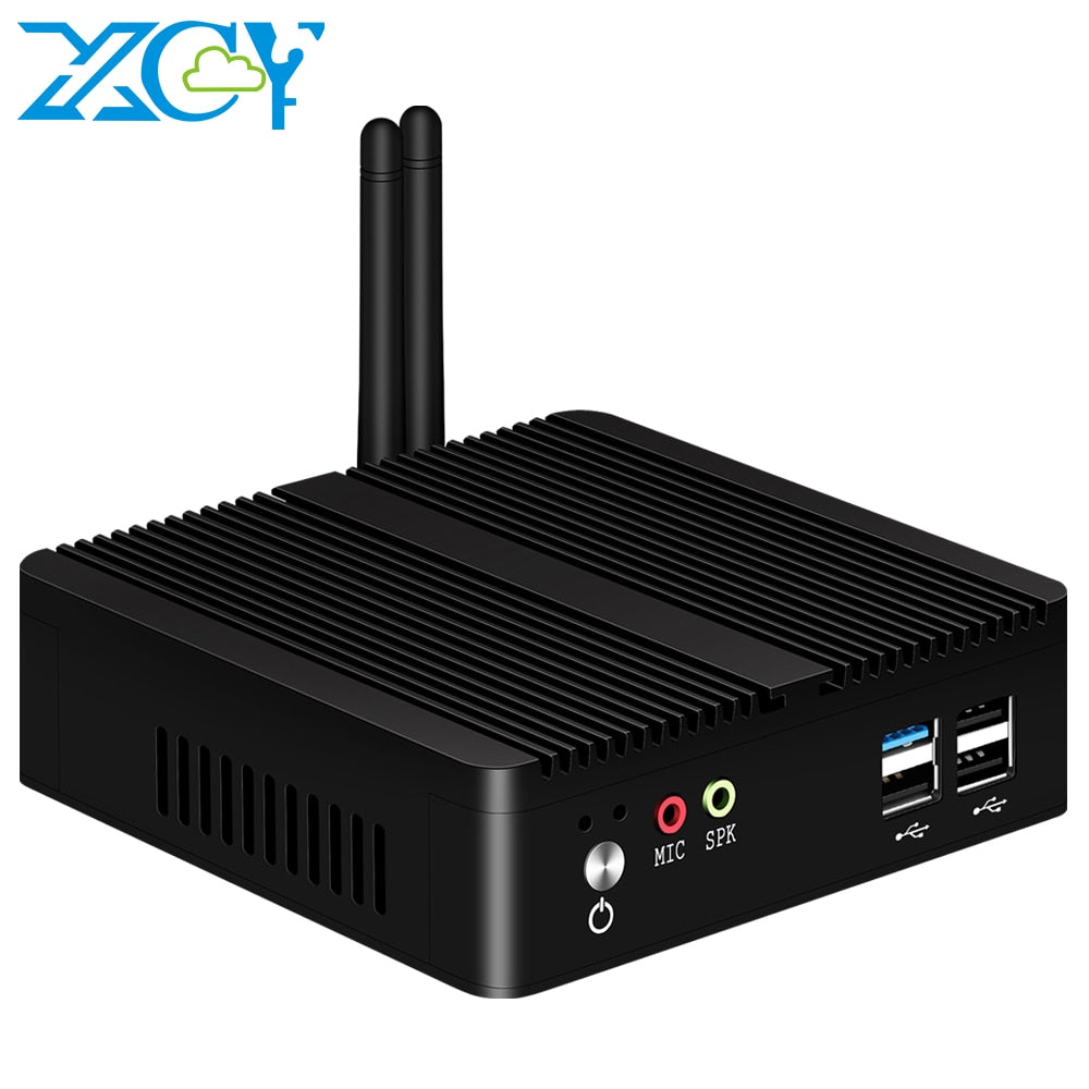 جهاز كمبيوتر صغير XCY بدون مروحة Intel Celeron J1900 رباعي النواة جيجابت إيثرنت 4x USB HDMI VGA عرض يدعم WiFi Windows Linux/Ubuntu